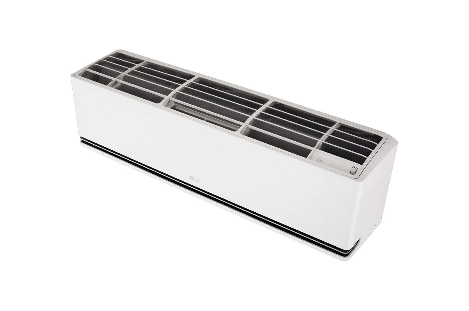 Top angled view of an LG air conditioner with the top cover open