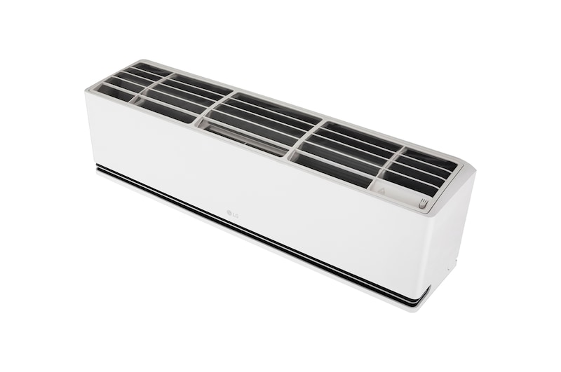 Top angled view of an LG air conditioner with the top cover open