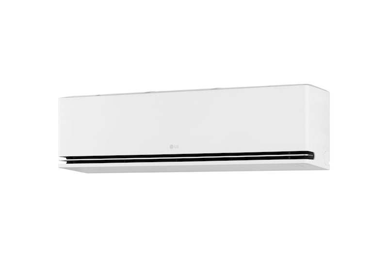 Angled view of an LG air conditioner with the lower vane fully closed