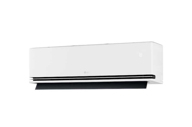 Angled right-side view of an LG air conditioner with the lower vane fully open