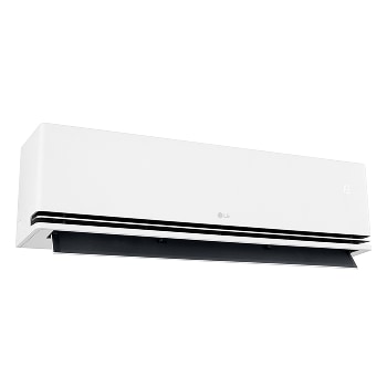 Angled right-side view of an LG air conditioner with the lower vane fully open and the temperature display showing 18°C