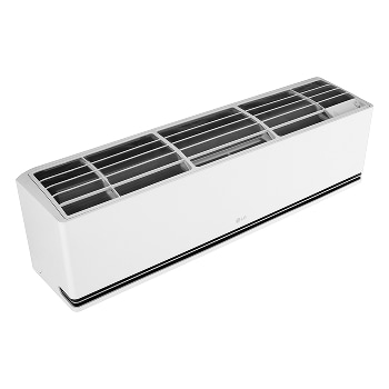 Top angled view of an LG wall-mounted air conditioner with the top cover open, revealing internal vents and components.