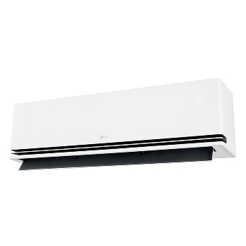 Angled left-side view of an LG air conditioner with the lower vane fully open