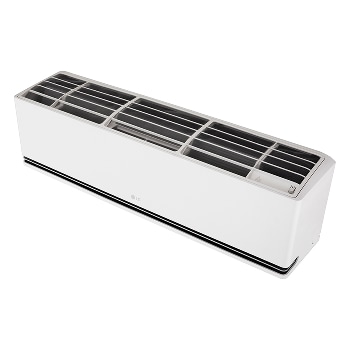 Top angled view of an LG air conditioner with the top cover open