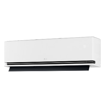 Angled right-side view of an LG air conditioner with the lower vane fully open