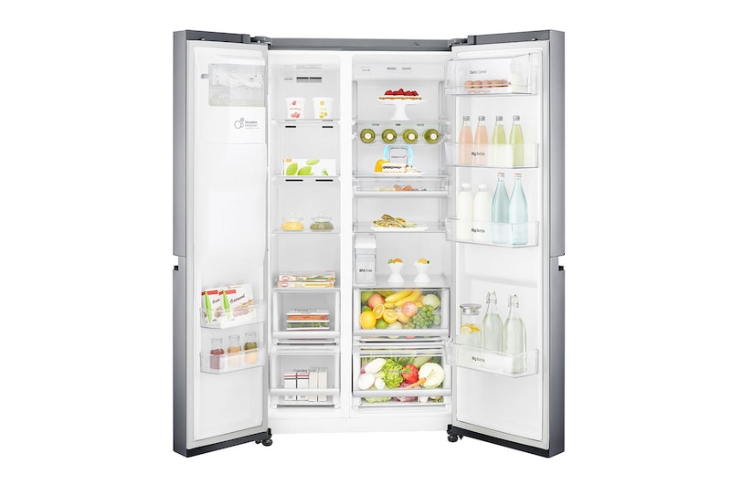 LG 21.2 قدمًا ، ثلاجة جنبًا إلى جنب ، لون فضي بلاتيني ، مقبض جيب ، ضاغط خطي عاكس, LS242BDSLN