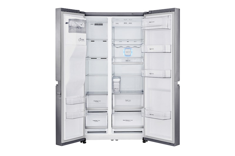 LG 21.2 قدمًا ، ثلاجة جنبًا إلى جنب ، لون فضي بلاتيني ، مقبض جيب ، ضاغط خطي عاكس, LS242BDSLN