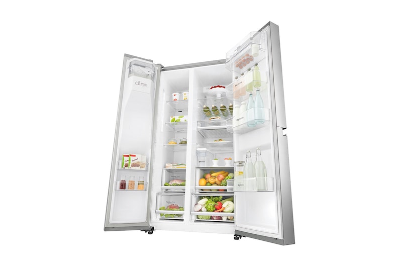 LG 21.2 قدمًا ، ثلاجة جنبًا إلى جنب ، لون فضي بلاتيني ، مقبض جيب ، ضاغط خطي عاكس, LS242BDSLN