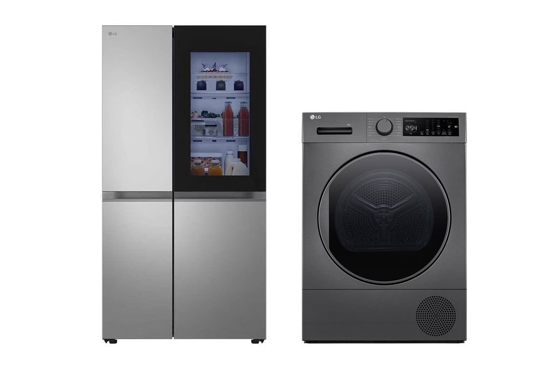 ثلاجة LG بسعة 23.2 قدم مكعب | ثلاجة ببابين | ™InstaView | Door Cooling+ | Smart Inverter Compressor | ThinQ (Wi-Fi) | لون فضي + نشافة بالمضخة الحرارية، سعة 8 كغم، لون فضي