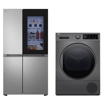 صورة أمامية لـ ثلاجة LG بسعة 23.2 قدم مكعب | ثلاجة ببابين | ™InstaView | Door Cooling+ | Smart Inverter Compressor | ThinQ (Wi-Fi) | لون فضي + نشافة بالمضخة الحرارية، سعة 8 كغم، لون فضي LS25CVBSIV.RH81T