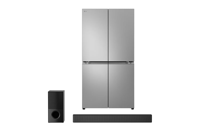 صورة أمامية لـ 27.2 قدمًا، ثلاجة متعددة الابواب، حجم كبير + مكبر الصوت LG Sound Bar SNH5 ، 4.1 قناة ، 600 واط مع تصميم عالي الطاقة ، DTS Virtual: X PTLM334BB.SNH5