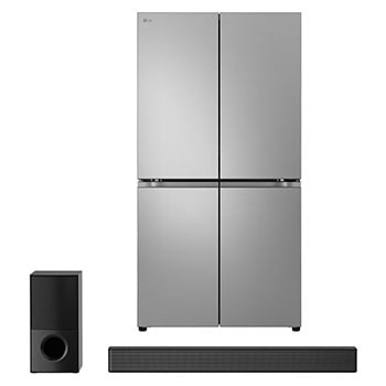 صورة أمامية لـ 27.2 قدمًا، ثلاجة متعددة الابواب، حجم كبير + مكبر الصوت LG Sound Bar SNH5 ، 4.1 قناة ، 600 واط مع تصميم عالي الطاقة ، DTS Virtual: X PTLM334BB.SNH5