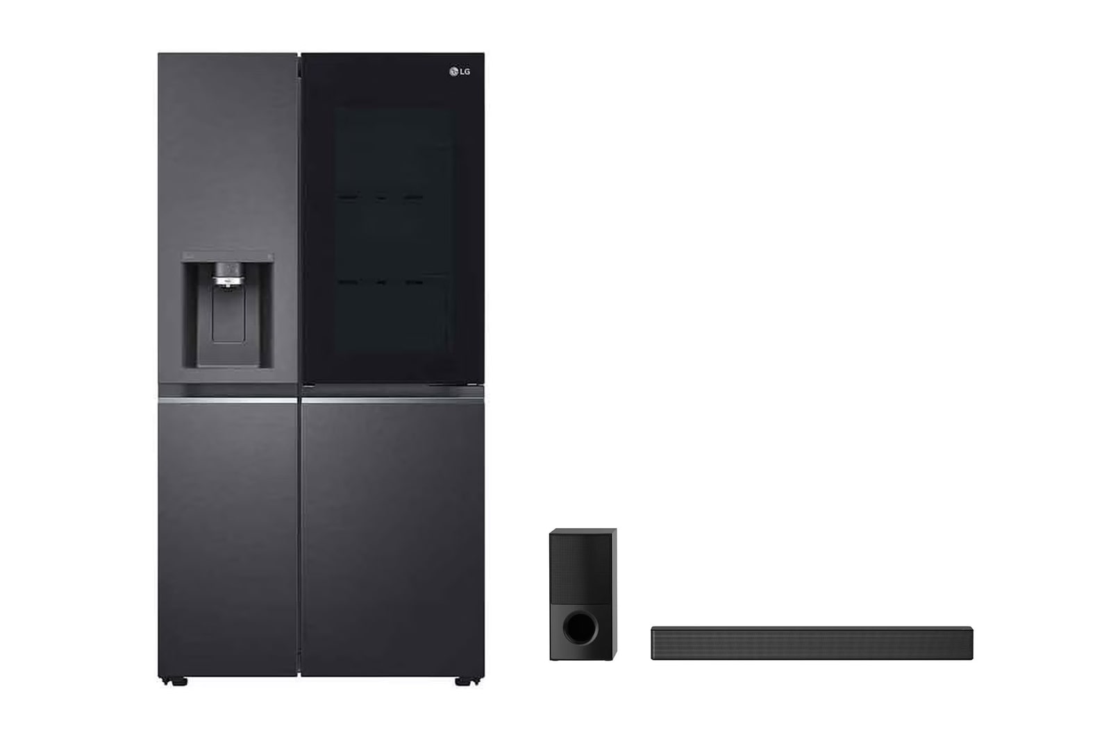 صورة أمامية لـ 25.5 قدم | جنبا الى جنب | InstaView™ | ThinQ + مكبر الصوت LG Sound Bar SNH5 ، 4.1 قناة ، 600 واط مع تصميم عالي الطاقة ، DTS Virtual: X PTLS32HVDM.SNH5