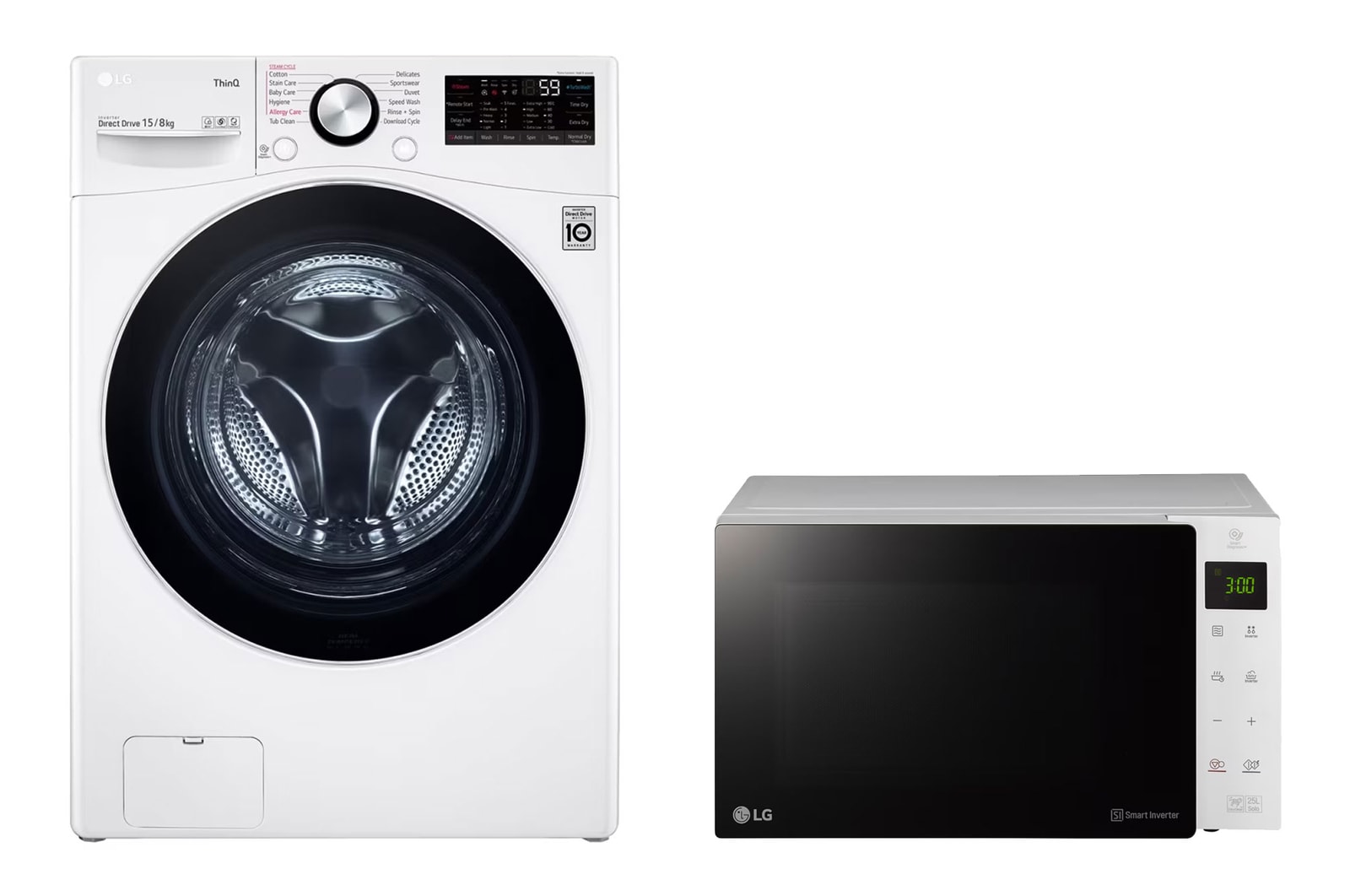 صورة أمامية لـ غسالة 15 كجم مع مجفف 8 كجم غسالة تحميل أمامي ، لون أبيض ، AIDD ، غسالة ومجفف في آن واحد ، غسيل تربو ، بخار ، إضافة قطع ، محرك مباشر عاكس ، تشخيص ذكي ، تقنية ™ThinQ + ميكرويف | 25 لتر | 1000واط | تقنية الطهي والتسخين السريع| NeoChef WS1508W.MS2535G