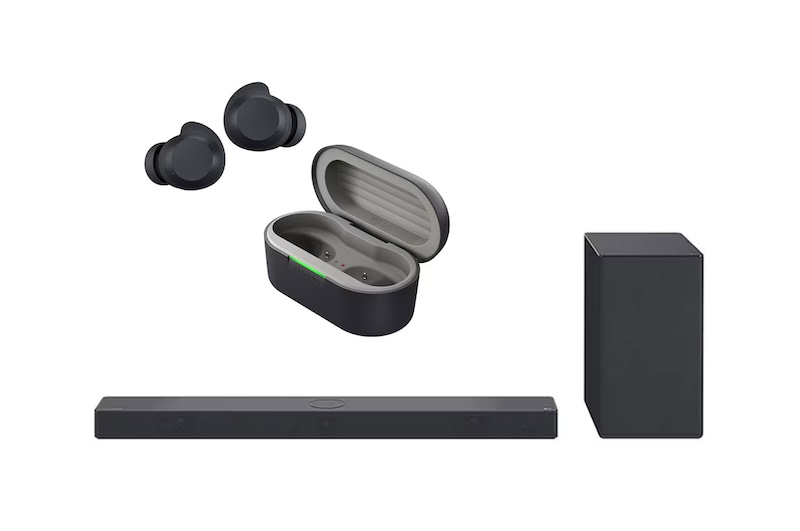 صورة أمامية لـ مكبر الصوت الجديد من إل جي لصوت متناغم مثالي + سماعات الأذن LG xboom Buds من will.i.am | سماعات أذن بتقنية Bluetooth | صوت xboom Signature Sound مع مشغل Graphene SC9S.BUDS