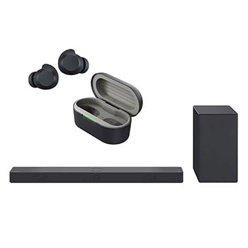 صورة أمامية لـ مكبر الصوت الجديد من إل جي لصوت متناغم مثالي + سماعات الأذن LG xboom Buds من will.i.am | سماعات أذن بتقنية Bluetooth | صوت xboom Signature Sound مع مشغل Graphene SC9S.BUDS