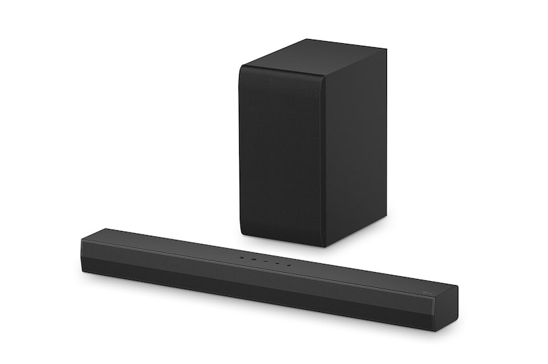 Angled view of LG Soundbar S65TR, subwoofer, and Rear Speakers