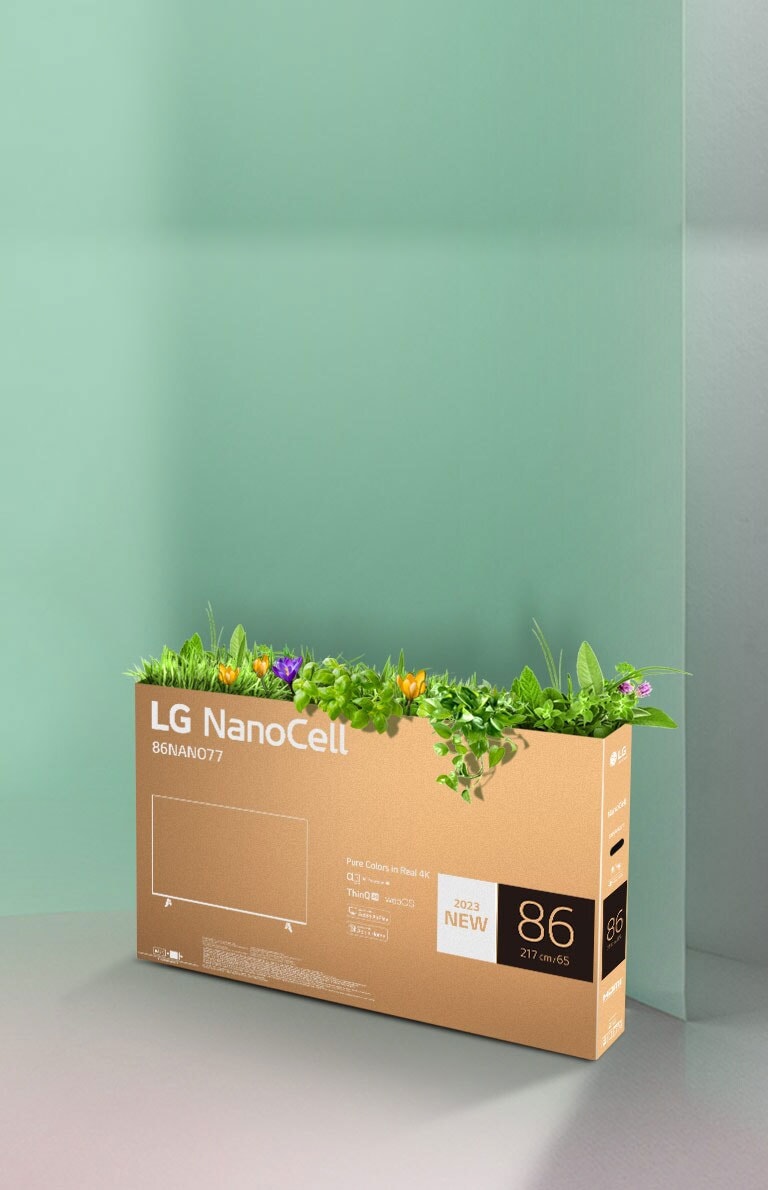 صندوق تلفاز خلايا النانو من LG القابل لإعادة التدوير بأزهار ونباتات تتبرعم من أعلاه.