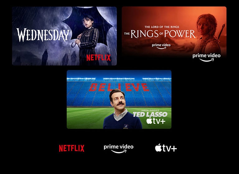 ملصق لمسلسل Wednesday من Netflix وThe Rings of Power من Prime Video و Ted Lasso من Apple TV Plus.