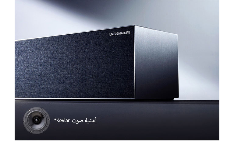 صورة لمكبر صوت LG SIGNATURE Rollable OLED موضوعًا في غرفة رمادية.