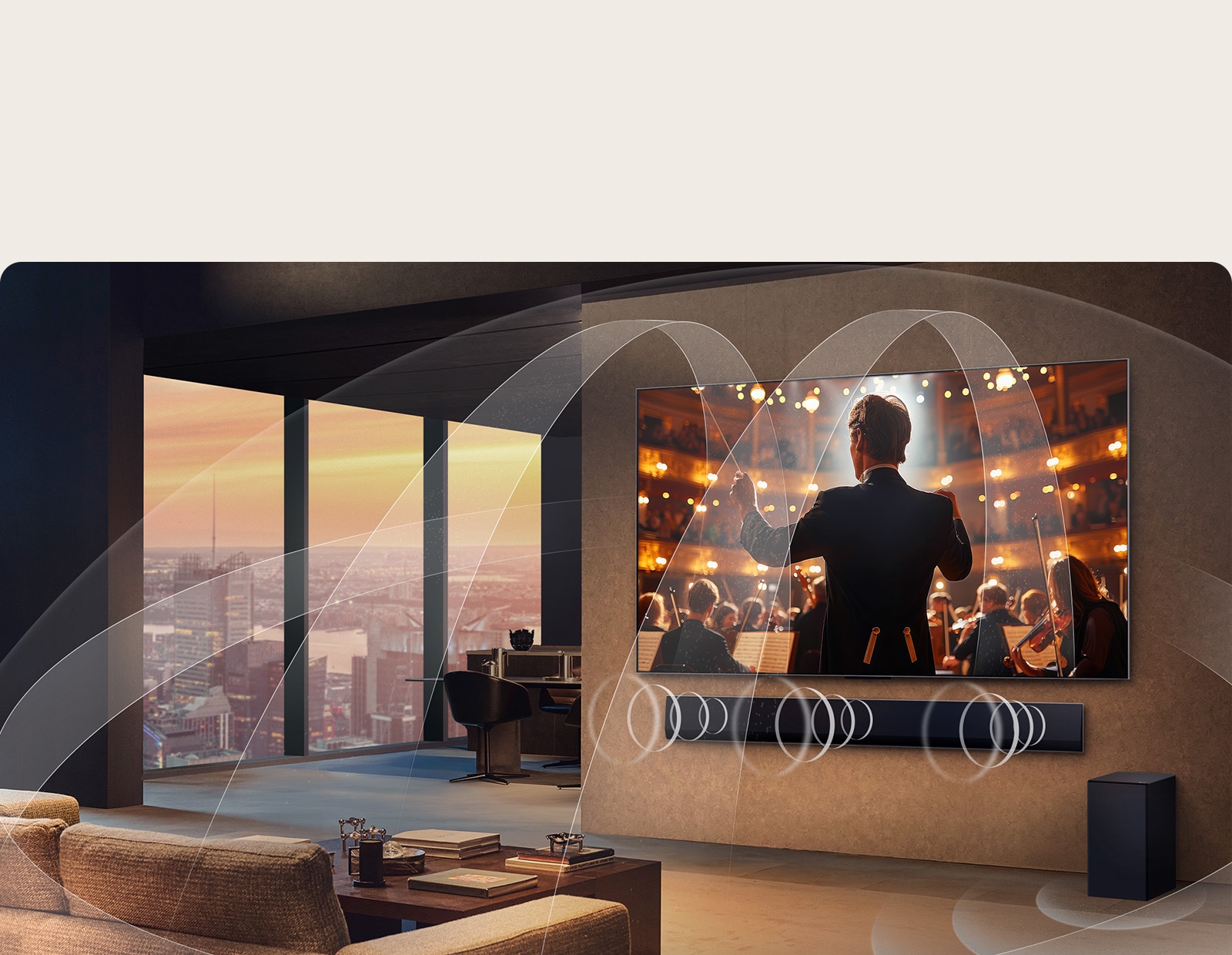 غرفة معيشة بها تلفزيون LG OLED TV ومكبر الصوت LG Soundbar مع رسومات توضح كيف يملأ كلا الجهازين المساحة بصوت متعدد الأغراض.