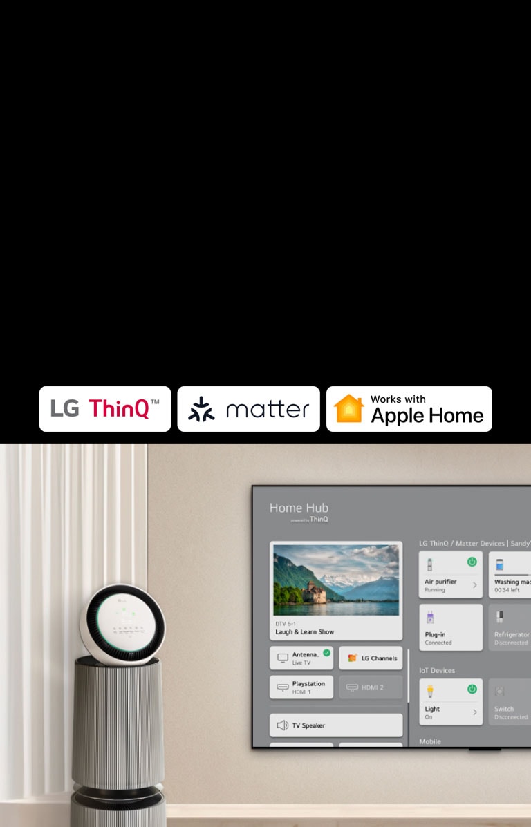 شعار LG ThinQ™، وApple Home. تلفزيون LG TV مثبت على الحائط وجهاز LG PuriCare™ Objet Collection 360° على اليسار. يعرض التلفزيون Home Hub وينقر المؤشر على "جهاز تنقية الهواء" ويتم تنشيط LG PuriCare™ Objet Collection 360°.