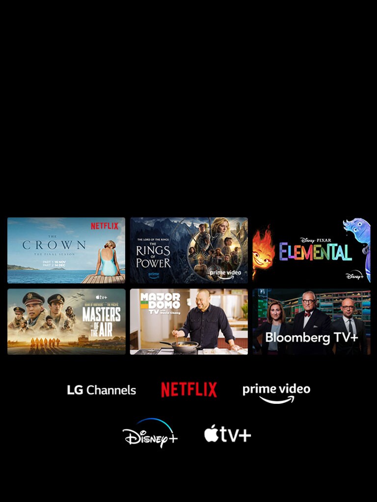 يتم عرض ست صور مصغرة للأفلام والبرامج التلفزيونية وشعارات قنوات LG Channels وNetflix وPrime Video وDisney+ وApple TV+ في الأسفل.