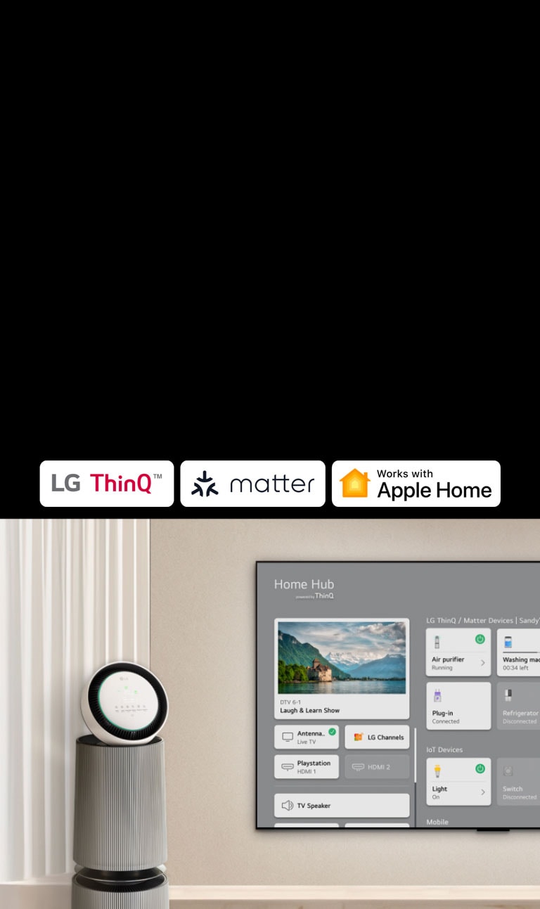 شعار LG ThinQ™، وApple Home. تلفزيون LG TV مثبت على الحائط وجهاز LG PuriCare™ Objet Collection 360° على اليسار. يعرض التلفزيون Home Hub وينقر المؤشر على "جهاز تنقية الهواء" ويتم تنشيط LG PuriCare™ Objet Collection 360°.