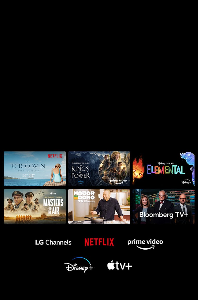 يتم عرض ست صور مصغرة للأفلام والبرامج التلفزيونية وشعارات قنوات LG Channels وNetflix وPrime Video وDisney+ وApple TV+ في الأسفل.