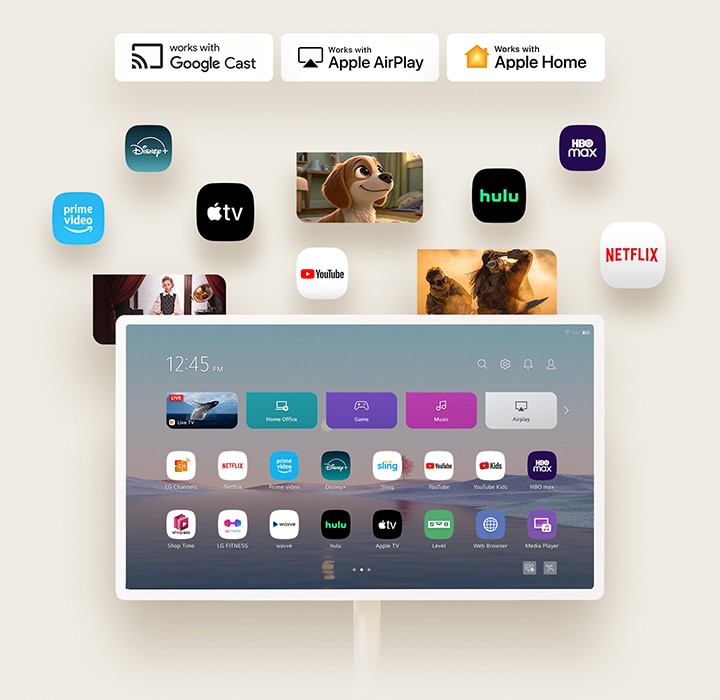 شاشة StanbyME 2 في المنتصف مع برامج OTT متعددة مرتبة في تكوين شبكي حولها.