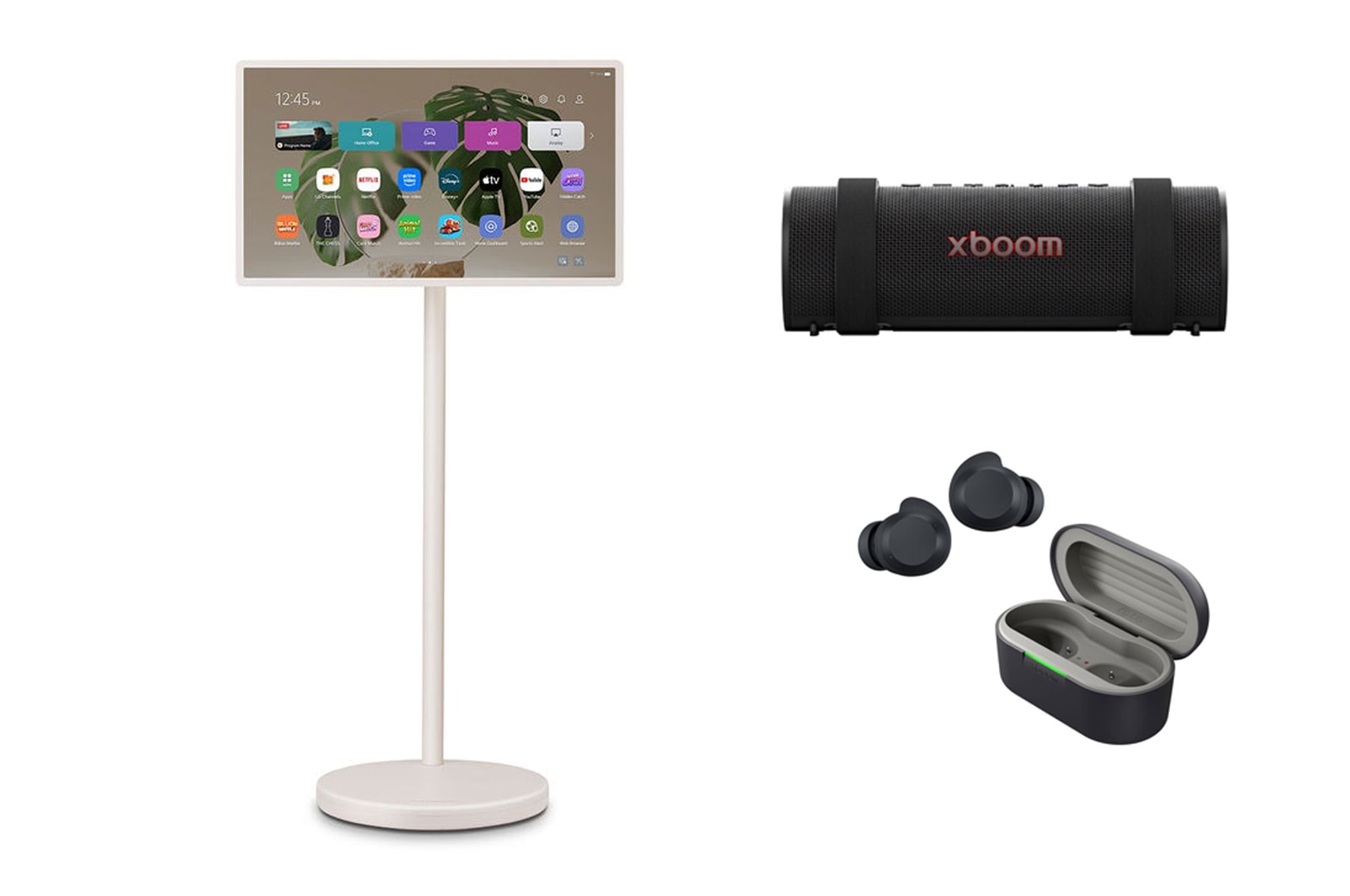 صورة أمامية لـ شاشة LG StanbyME 2 Super Portable المحمولة التي تعمل باللمس مقاس 27 بوصة + ضبط LG xboom Grab بواسطة will.i.am + سماعات الأذن LG XBOOM Buds من will.i.am | سماعات أذن بتقنية Bluetooth | صوت XBOOM Signature Sound مع مشغل Graphene 27LX6TDGA.GRBU