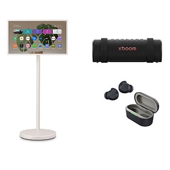 صورة أمامية لـ شاشة LG StanbyME 2 Super Portable المحمولة التي تعمل باللمس مقاس 27 بوصة + ضبط LG xboom Grab بواسطة will.i.am + سماعات الأذن LG XBOOM Buds من will.i.am | سماعات أذن بتقنية Bluetooth | صوت XBOOM Signature Sound مع مشغل Graphene 27LX6TDGA.GRBU