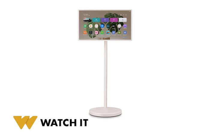 صورة أمامية لجهاز LG StanbyME 2 على الحامل.