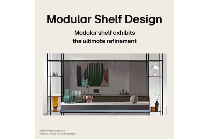 صورة أمامية لـ LG SIGNATURE OLED T، تضم أشياء موضوعة على وحدات الرفوف المعيارية اليسرى واليمنى.