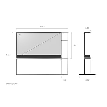 صورة أمامية لـ LG SIGNATURE OLED T مع وحدة رف معيارية مرفقة وصورة جانبية لـ LG SIGNATURE OLED T يوضح الأبعاد.