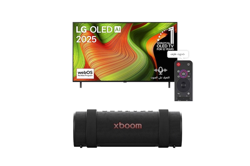 صورة أمامية لـ تلفزيون LG OLED AI B5 الذكي مقاس 55 بوصة بدقة 4K 120Hz ومدعوم بجهاز التحكم AI Magic remote وواجهة webOS25 طراز عام 2025  + ضبط LG xboom Grab بواسطة will.i.am OLED55B56LA.GRAB