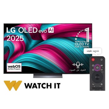 صورة أمامية لتلفزيون LG OLED evo AI C5 4K Smart TV. يظهر شعار OLED رقم 1 على مستوى العالم لمدة 12 عامًا وشعار LG OLED evo AI 2025 على الشاشة.