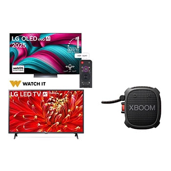 صورة أمامية لـ تلفزيون LG OLED evo AI C5 مقاس 55 بوصة بدقة 4K 144Hz ومدعوم بجهاز التحكم AI Magic remote وواجهة webOS25 طراز عام 2025 + سلاسل تلفزيون LED الذكي مقاس 43 بوصة LM6370 من LG، تلفزيون LED الذكي بتقنية Full HD HDR، تلفزيون w/ThinQ AI OLED55C56LA.43LXG