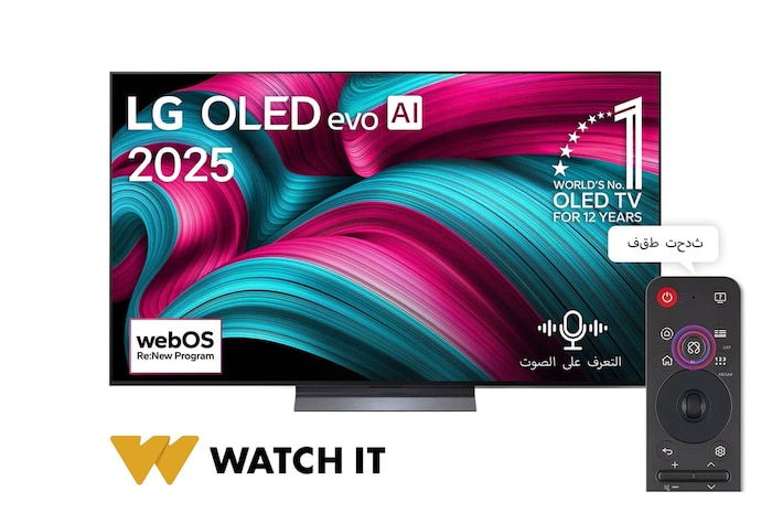 صورة أمامية لتلفزيون LG OLED evo AI C5 4K Smart TV. يظهر شعار OLED رقم 1 على مستوى العالم لمدة 12 عامًا وشعار LG OLED evo AI 2025 على الشاشة.