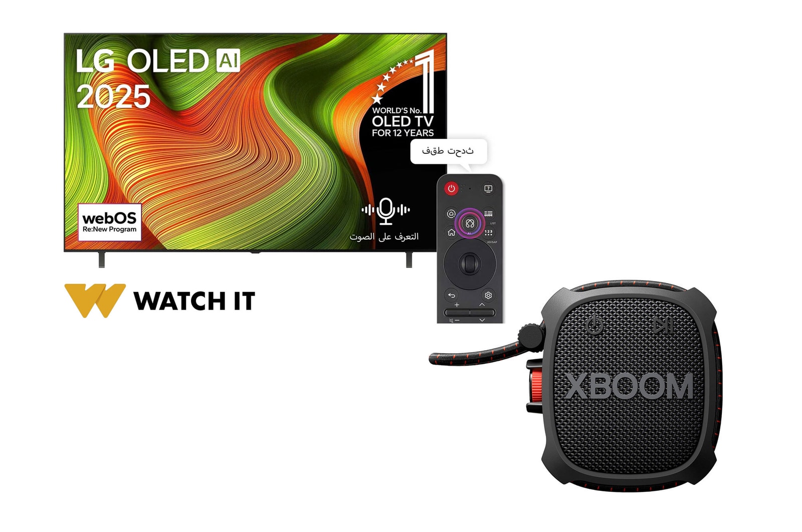صورة أمامية لـ تلفزيون LG OLED AI B5 الذكي مقاس 77 بوصة بدقة 4K 120Hz ومدعوم بجهاز التحكم AI Magic remote وواجهة webOS25 طراز عام 2025 + مكبر صوت LG XBOOM Go XG2TBK المحمول الذي يعمل بخاصية Bluetooth ومزود ببطارية تدوم 10 ساعات OLED77B56LA.XG2TBK