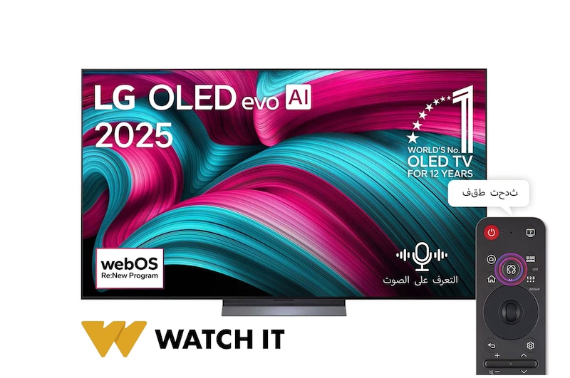 صورة أمامية لتلفزيون LG OLED evo AI C5 4K Smart TV. يظهر شعار OLED رقم 1 على مستوى العالم لمدة 12 عامًا وشعار LG OLED evo AI 2025 على الشاشة.