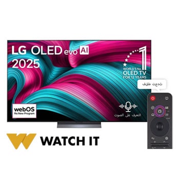 صورة أمامية لتلفزيون LG OLED evo AI C5 4K Smart TV. يظهر شعار OLED رقم 1 على مستوى العالم لمدة 12 عامًا وشعار LG OLED evo AI 2025 على الشاشة.