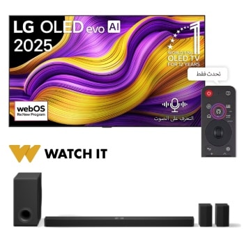 صورة أمامية لـ تلفزيون LG OLED evo AI G5 مقاس 77 بوصة بدقة 4K 165Hz ومدعوم بجهاز التحكم AI Magic remote وواجهة webOS25 طراز عام 2025  + مكبر الصوت LG Soundbar S90TR للتلفزيون مع Dolby Atmos بنظام 7.1.3 قناة OLED77G56LA.S90TR