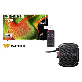 صورة أمامية لـ تلفزيون LG OLED AI B5 الذكي مقاس 83 بوصة بدقة 4K 120Hz ومدعوم بجهاز التحكم AI Magic remote وواجهة webOS25 طراز عام 2025 + مكبر صوت LG XBOOM Go XG2TBK المحمول الذي يعمل بخاصية Bluetooth ومزود ببطارية تدوم 10 ساعات OLED83B56LA.XG2TBK