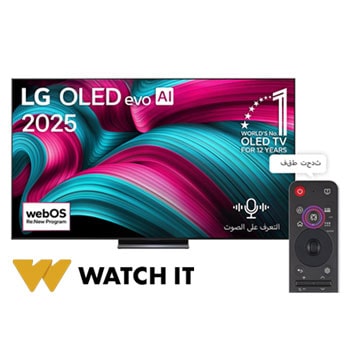 صورة أمامية لتلفزيون LG OLED evo AI C5 4K Smart TV. يظهر شعار OLED رقم 1 على مستوى العالم لمدة 12 عامًا وشعار LG OLED evo AI 2025 على الشاشة.