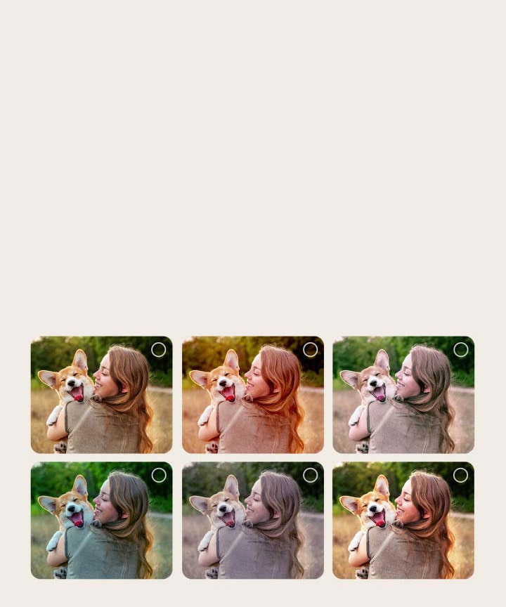شاشة مستخدم يمر بعملية تخصيص معالج AI Picture Wizard. يتم عرض سلسلة من الصور مع تمييز اختيارات المستخدم. تظهر أيقونة تحميل وتظهر صورة أفقية يتم تحسينها من اليسار إلى اليمين. 