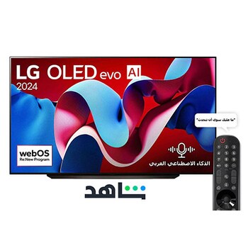 صورة أمامية لتلفزيون LG OLED evo AI TV وOLED C4 وشعار OLED رقم 1 في العالم منذ 11 عامًا وشعار نظام التشغيل webOS Re:New Program على الشاشة