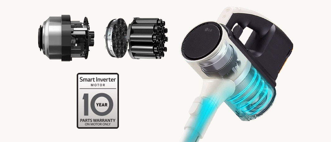 الرسوم المتحركة تُظهر Smart Inverter Motor والشفط المحوري السريع (Axial Turbo Cyclone). بالإضافة إلى ذلك، يتم جعل رأس المكنسة وجزء الرأس شفافين لإظهار Smart Inverter Motor المثبت من الداخل.