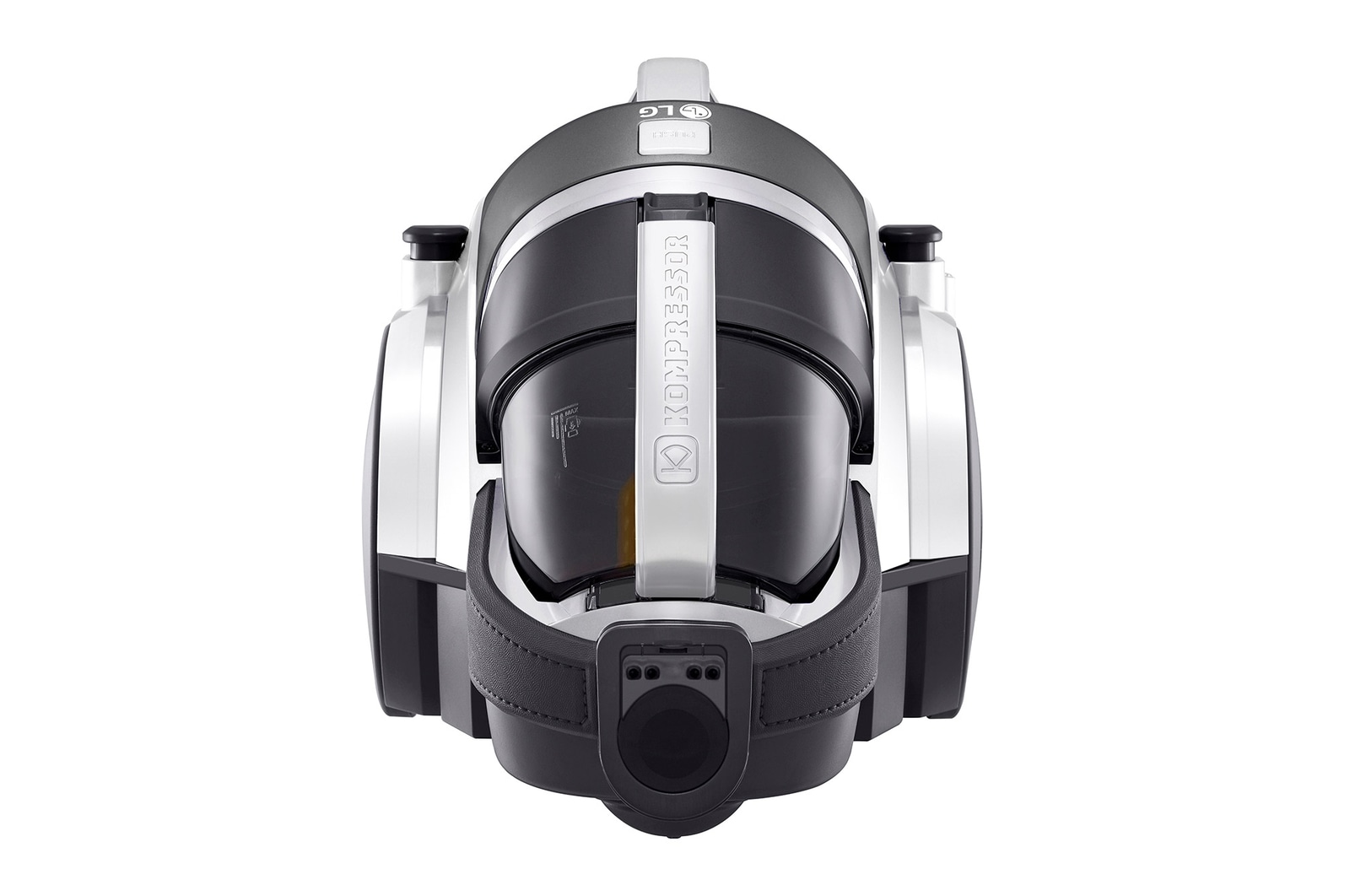 صورة أمامية لـ مكنسة كهربائية من LG ذات هيكل أسطواني، بقدرة 1800 واط، سعة صندوق الغبار 1.2 لتر، وبلون فضي لامع VK7317NHT