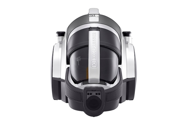 صورة أمامية لـ مكنسة كهربائية من LG ذات هيكل أسطواني، بقدرة 1800 واط، سعة صندوق الغبار 1.2 لتر، وبلون فضي لامع VK7317NHT